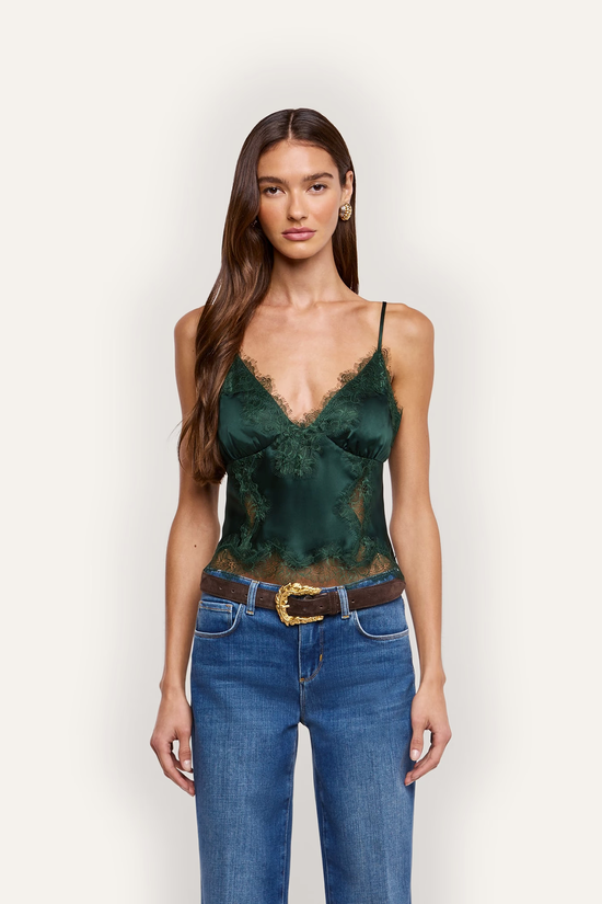 L’Agence 40768CLW-FTGN Camisole Kimber avec empiècement en dentelle vert forêt
