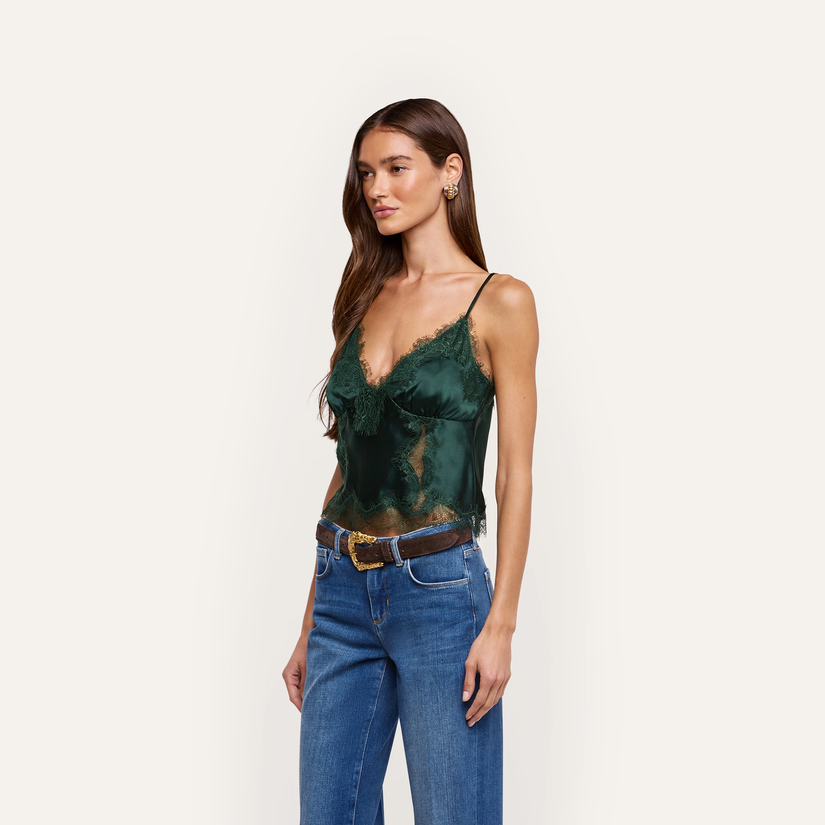L’Agence 40768CLW-FTGN Camisole Kimber avec empiècement en dentelle vert forêt