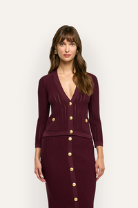 L’Agence 80003NXC2-DEPG Cardigan court pointelle Irvin porto foncé/or