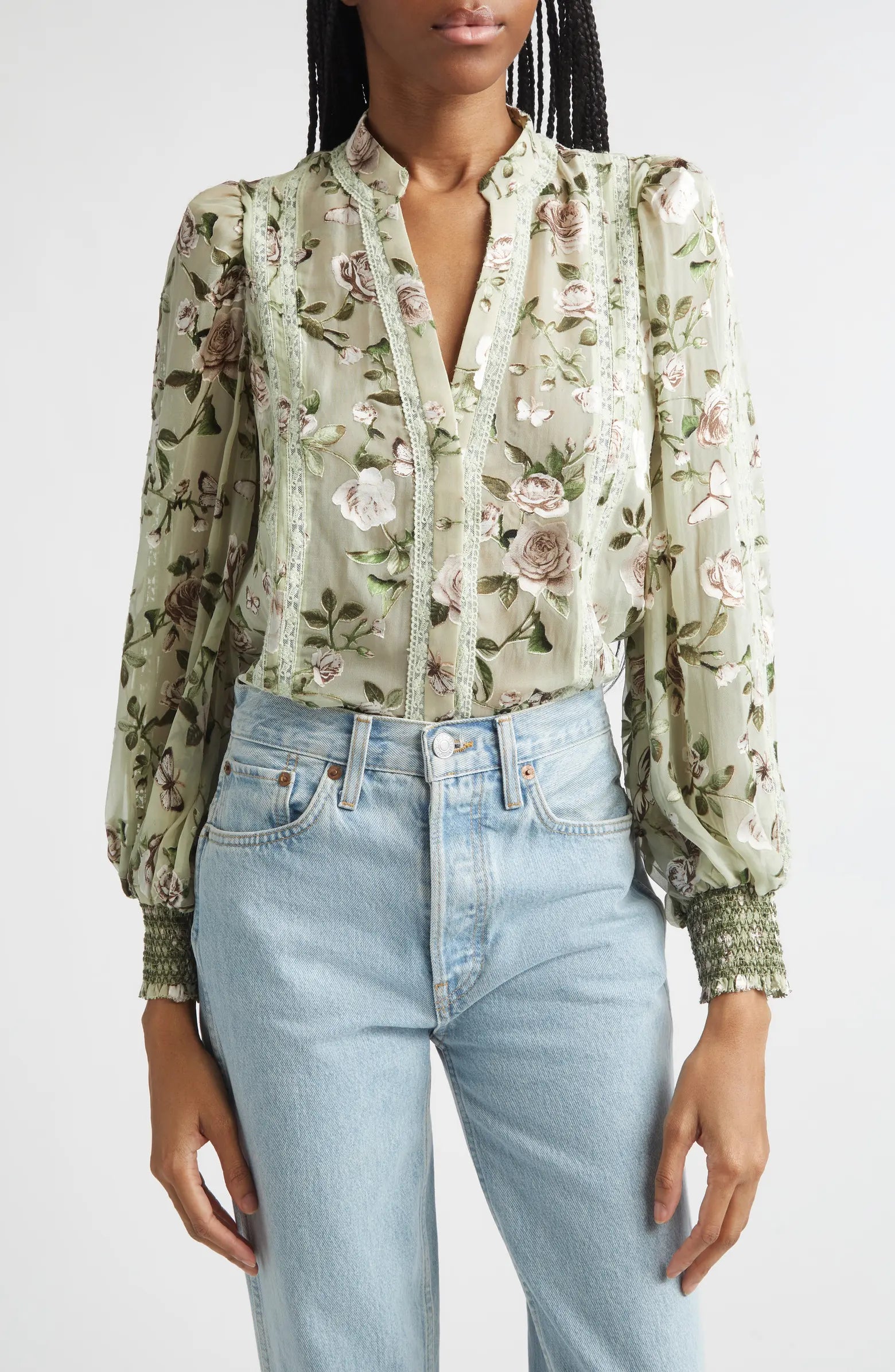 Alice + Olivia Arlette Floral Lace Trim Shirt