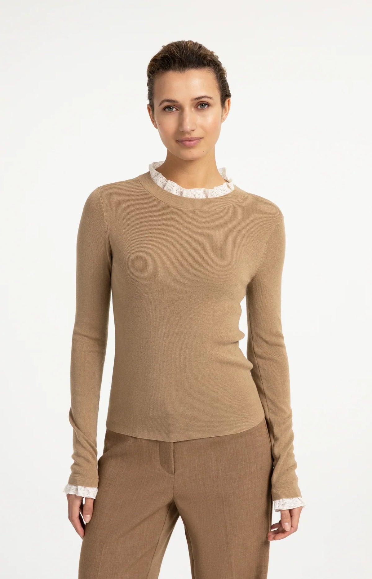 YAYA Fitted rib sweater with ruffle detail