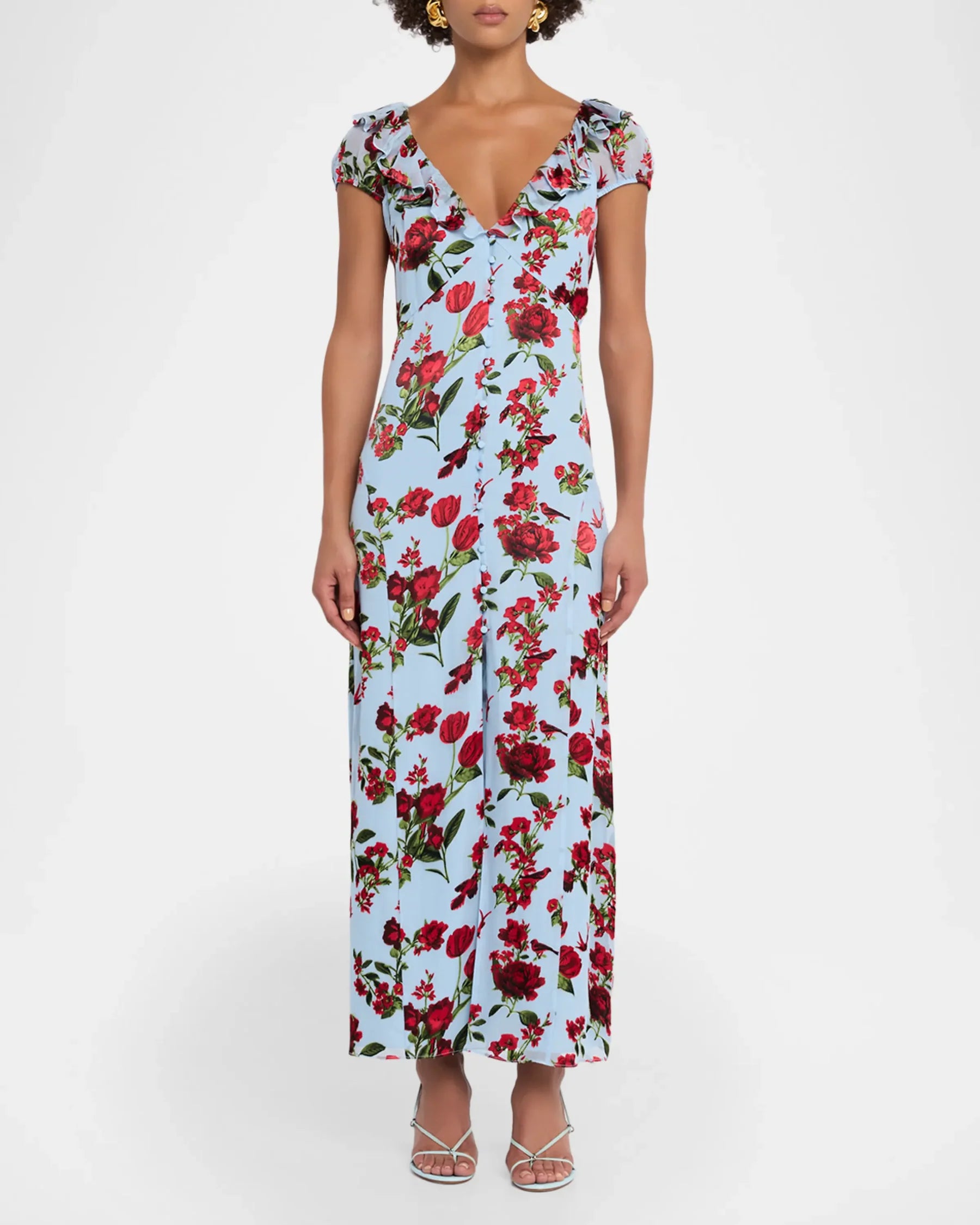 Robe maxi à volants manches courtes Tara American Beauty Carolina Blue Alice & Olivia