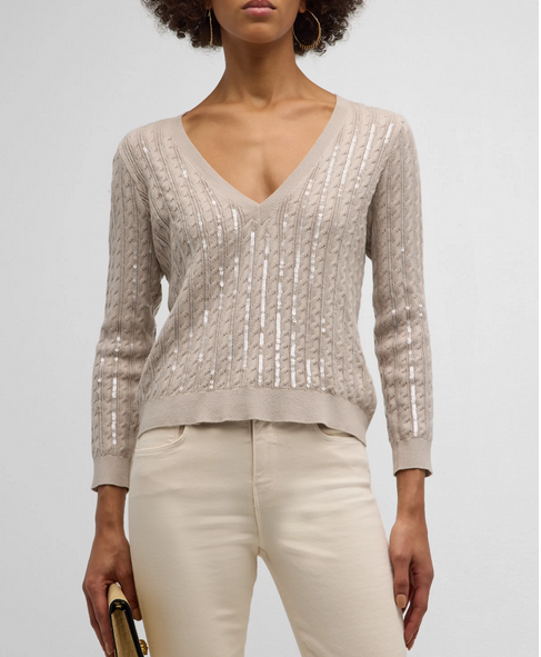 L'agence Trinity Sequin Cable Knit V Neck Pullover
