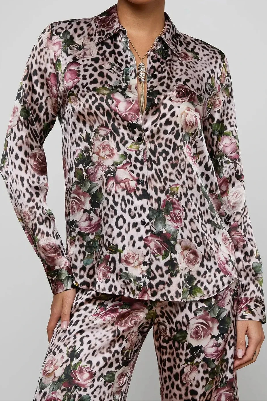 L'Agence Tyler Long-Sleeve Blouse Multi Small Rose Cheetah
