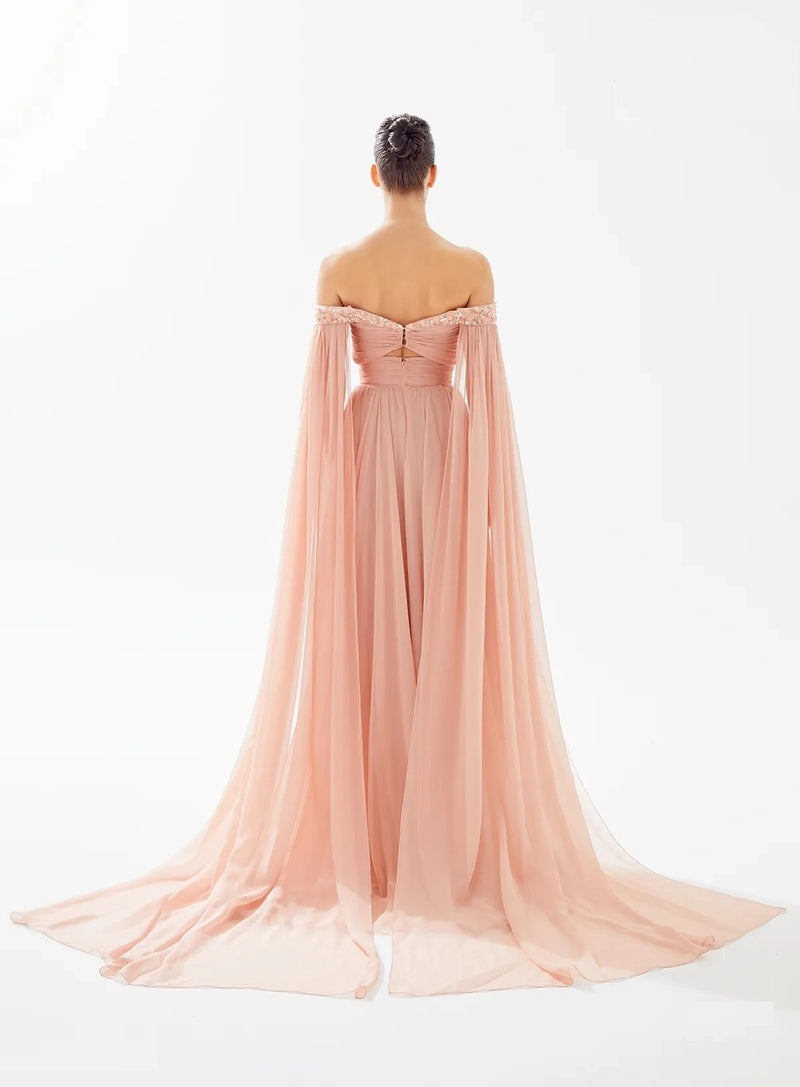 Tarik Ediz Ruched Bodice Cape Gown