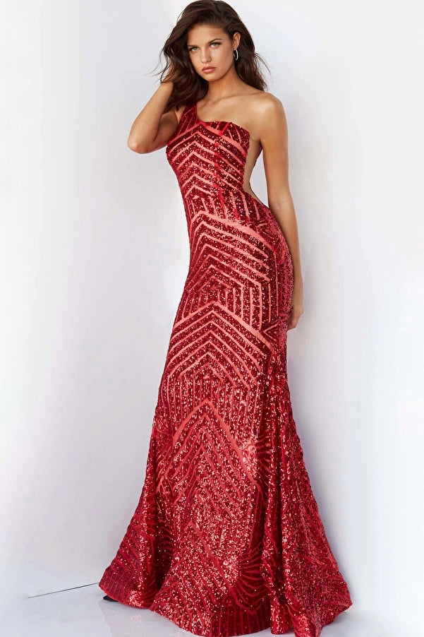 One Shoulder Chevron Sequin Gown