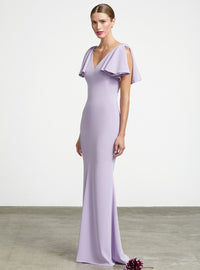 Frascara Sleeveless V-Neck Gown with Flounce Shoulder. Robe de soirée