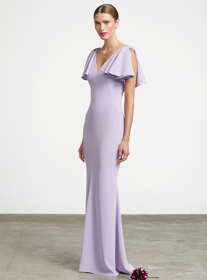 Frascara Sleeveless V-Neck Gown with Flounce Shoulder. Robe de soirée