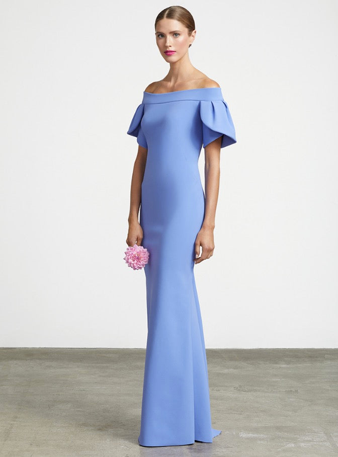 Robe stretch Frascara à épaules dénudées et manches tulipes