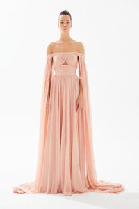 Tarik Ediz Ruched Bodice Cape Gown