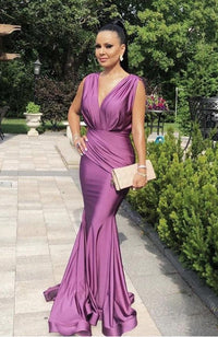 Deep V Gown with Gathered Shoulders