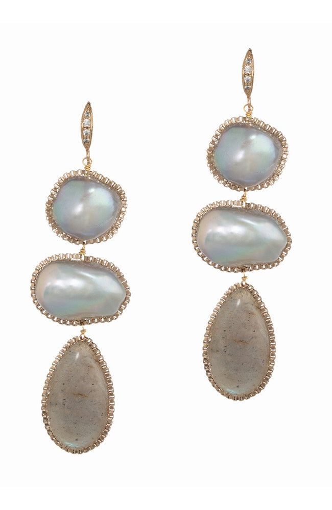 Theia Jewelry Earrings Three Tier Pearls and Labradorite